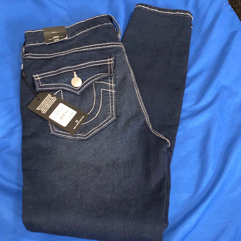 NWT True Religion Halle High Rise Flap Super Skinny Blue Jeans W 28 Denim Dark